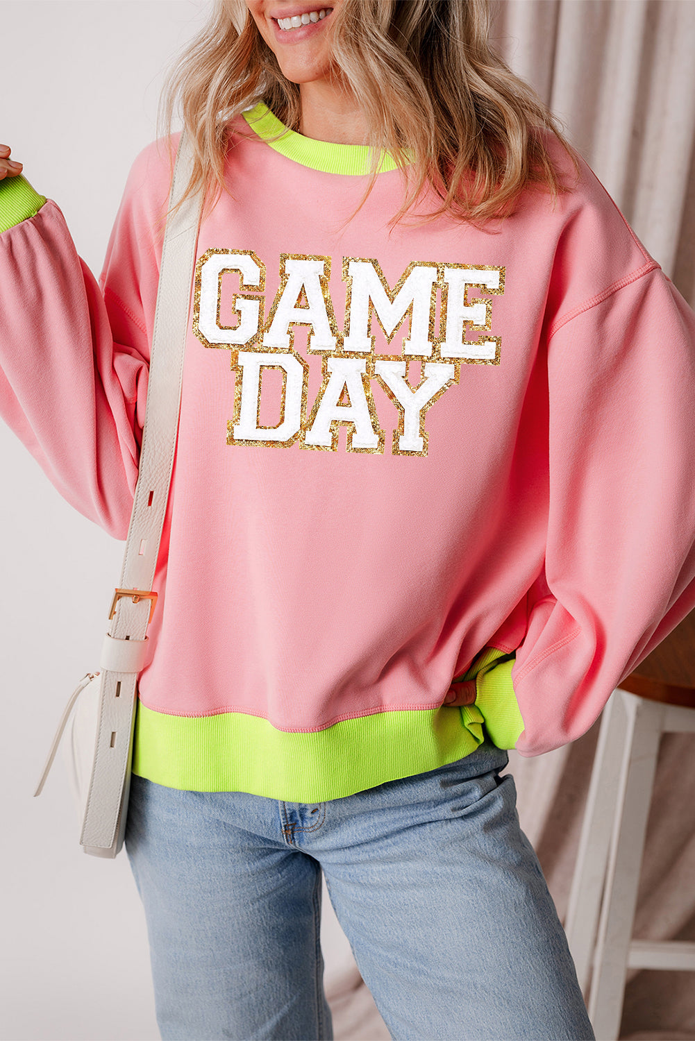 Pink GAME DAY Graphic Color Block Crew Neck Sweatshirt (ships 2-3 weeks)