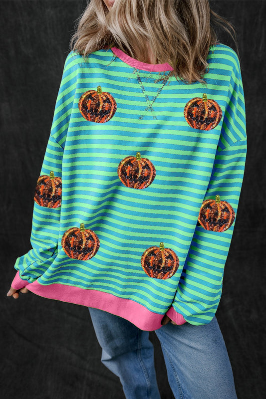 Pumpkin Striped Round Neck Long Sleeve Sweatshirt ships 2 weeks