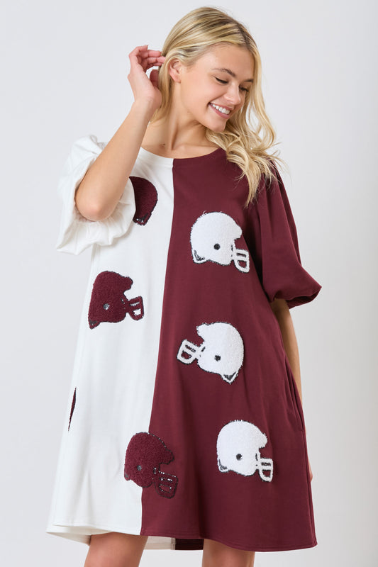 Colorblock football helmet dress MAROON AND WHITE (ships 2 weeks)