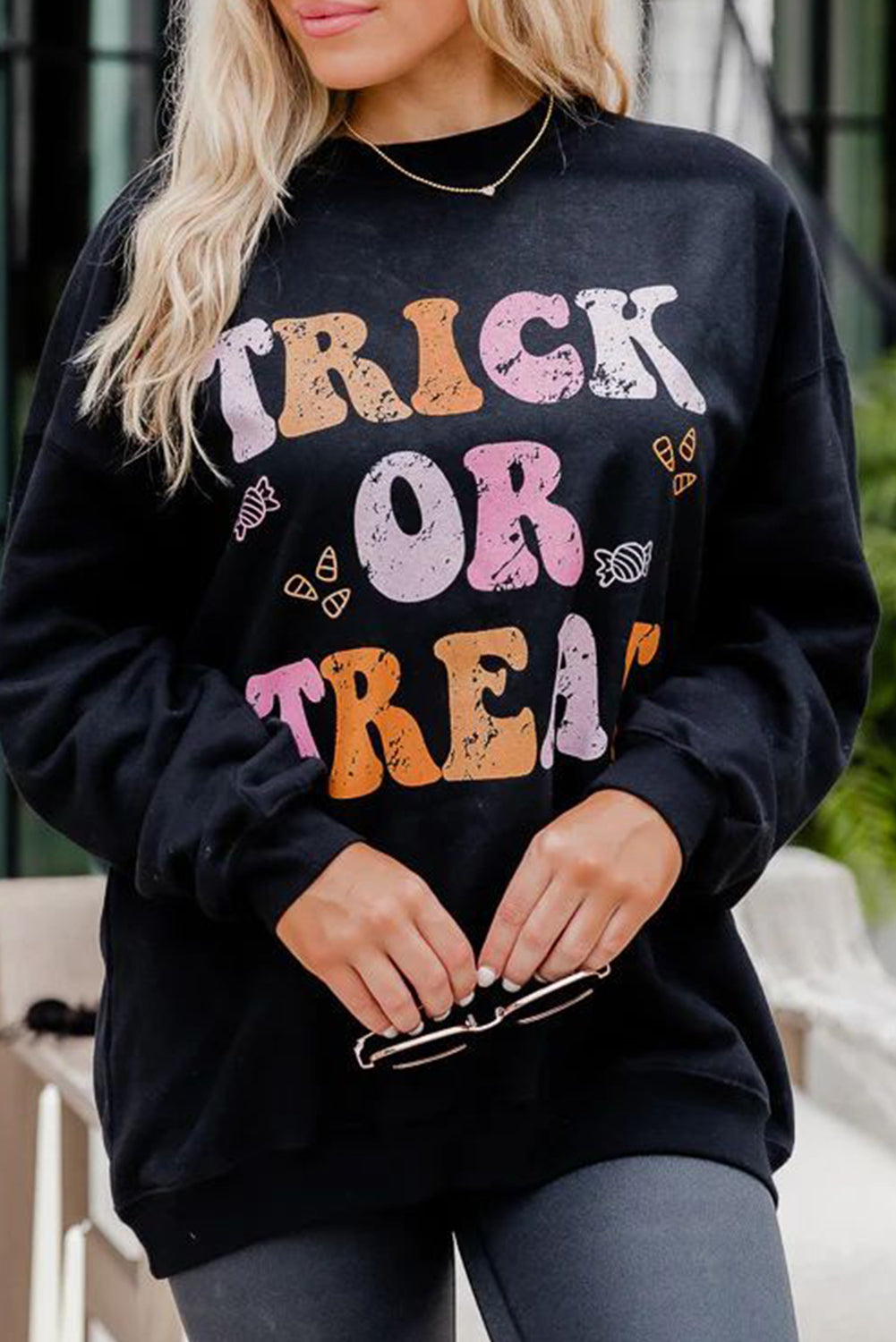 Black Halloween TRICK OR TREAT Graphic Crewneck Sweatshirt(ships 2-3 weeks)