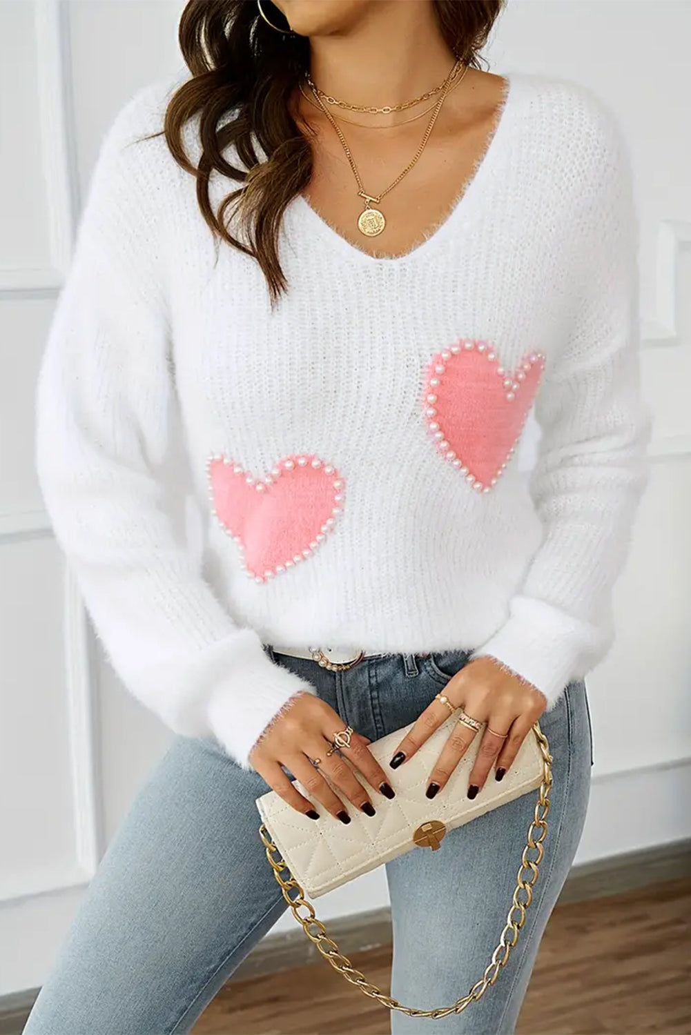 Pearl Heart V-Neck Long Sleeve Sweater (ships 1-2 weeks)