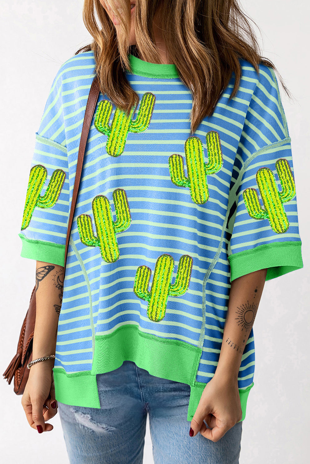 Sky Blue Stripe Sequin Cactus Graphic Half Sleeve Contrast Edge T Shirt (preorder)