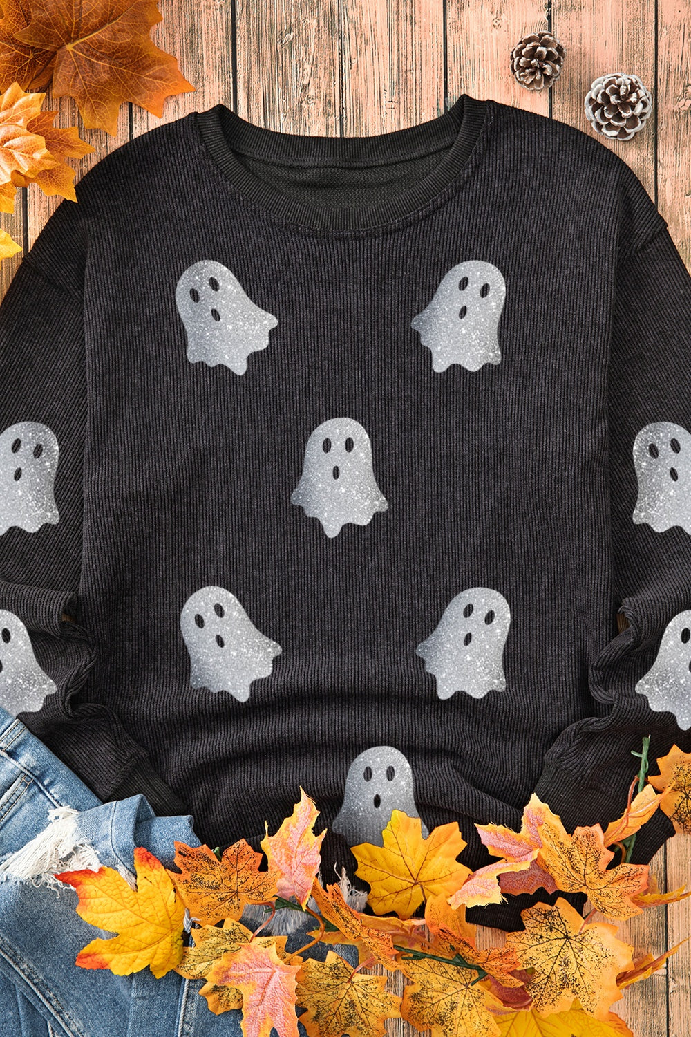 Glitter Ghost Round Neck Long Sleeve Sweatshirt ships 2-3 weeks