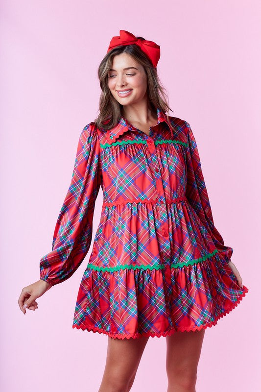 Christmas plaid dress with scalloped trim ships 2-3 days