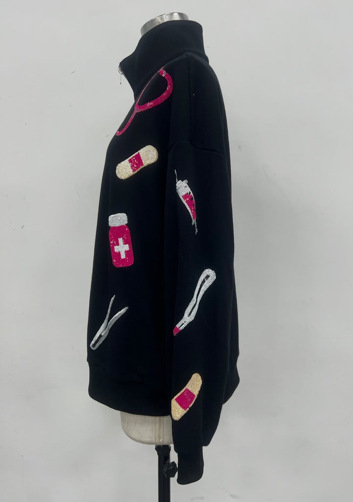 MEDICAL BLACK SEQUIN QUARTER ZIP PULLOVER (PREORDER)