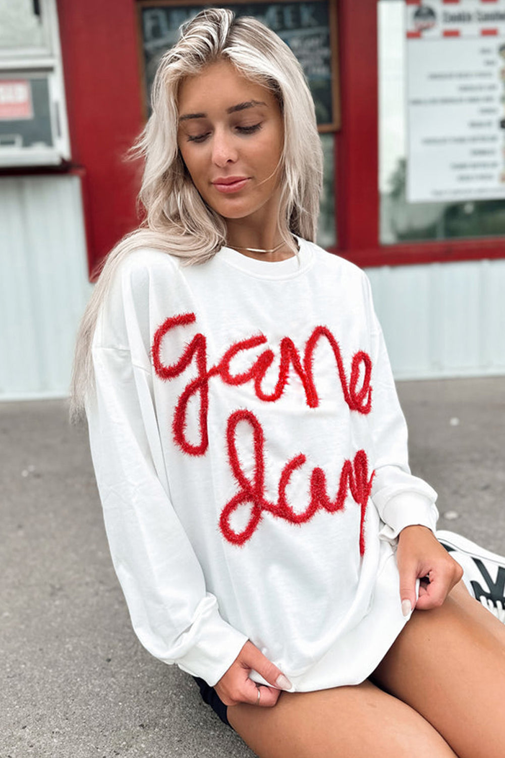 White Tinsel Game Day Drop Shoulder Sweatshirt (ships 1-2 weeks)