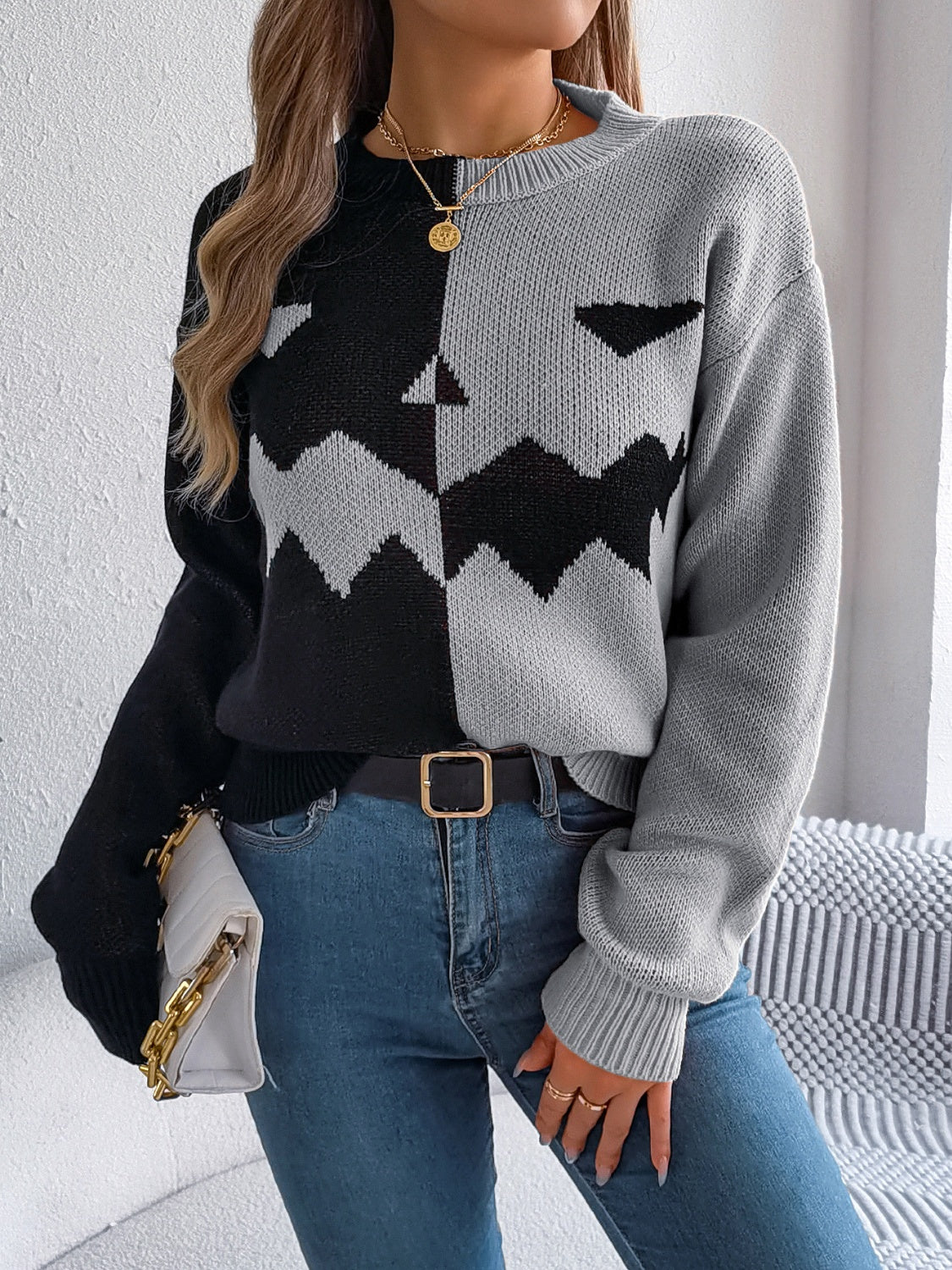 Contrast Round Neck Long Sleeve Sweater