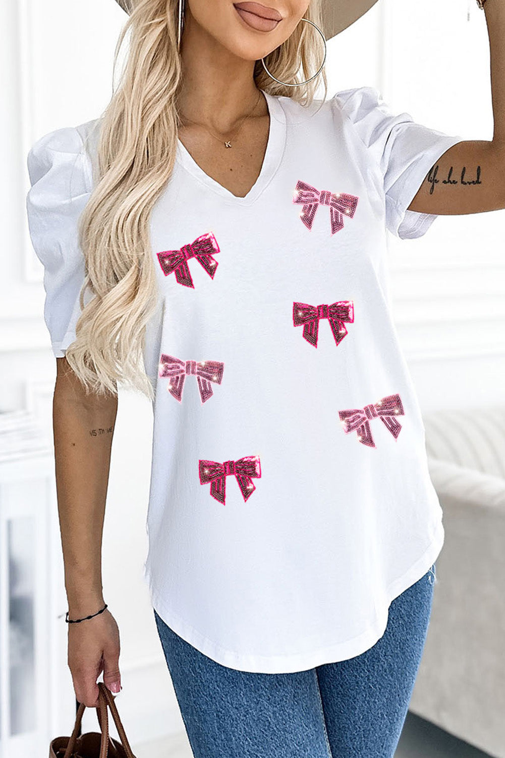 Sequin Bow Print V-Neck Puff Sleeve Blouse (ships 1-2 weeks)