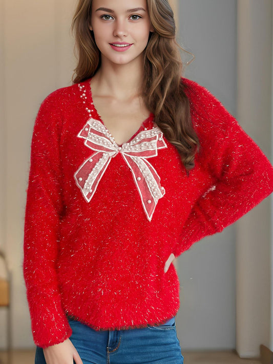 Bow Pearl Detail V-Neck Long Sleeve Sweater (ships 2-3 weeks) 2 colors