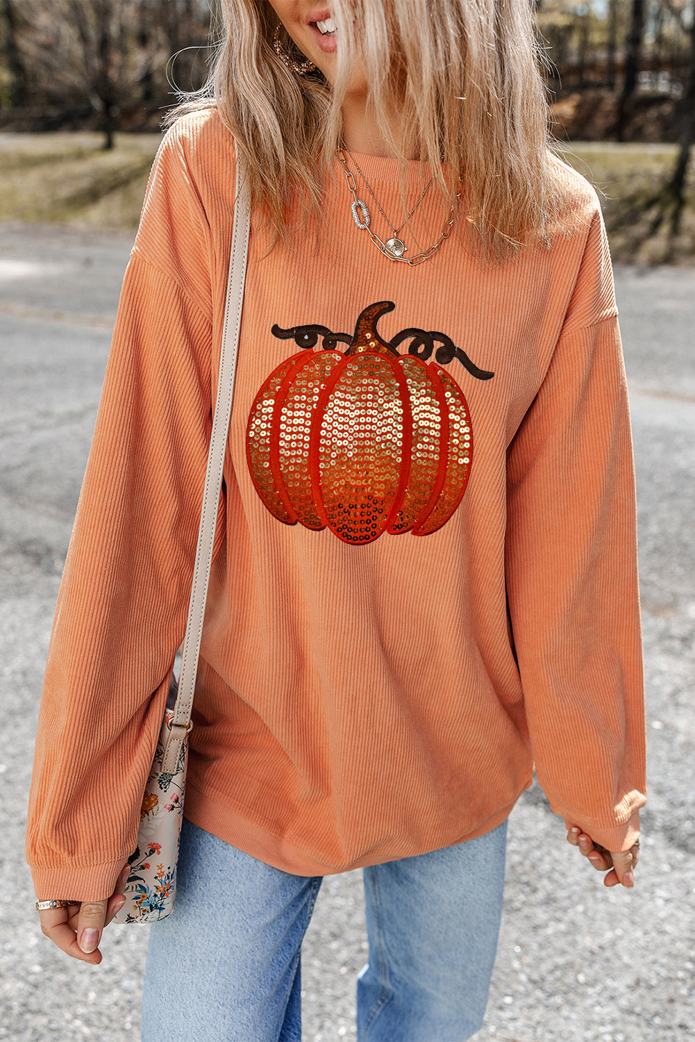 Apricot Crinkle Ribbed Halloween Sequin Pumpkin Graphic Sweatshirt (ships 2 weeks)