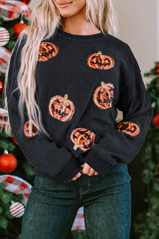 Sequin Patch Pumpkin Round Neck Sweatshirt (ships in 2 weeks)