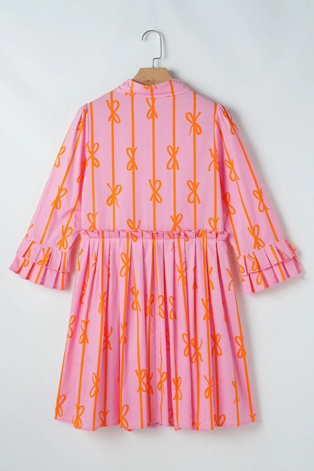 Ruffled Bow Printed Three-Quarter Sleeve Shirt Dress (ships 2-3 weeks)