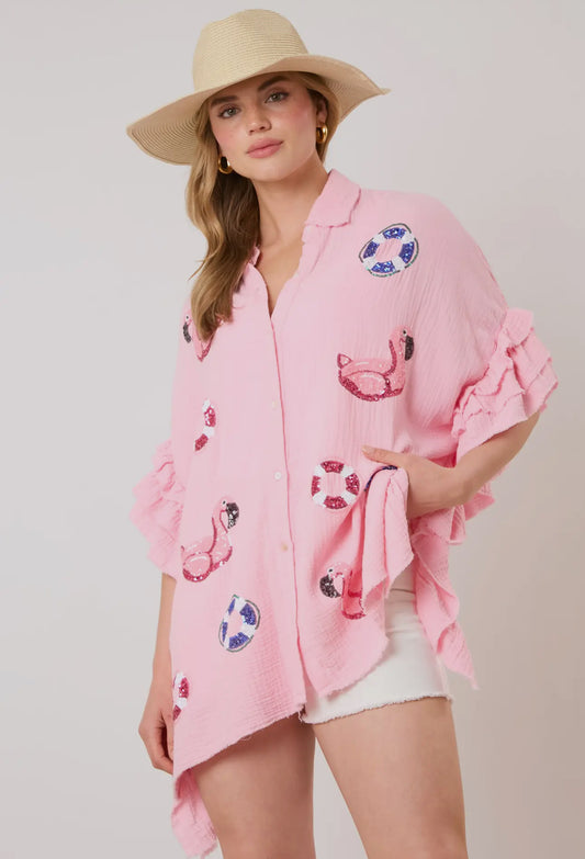 PINK Flamingo 🦩 gauze button down top/coverup RTS