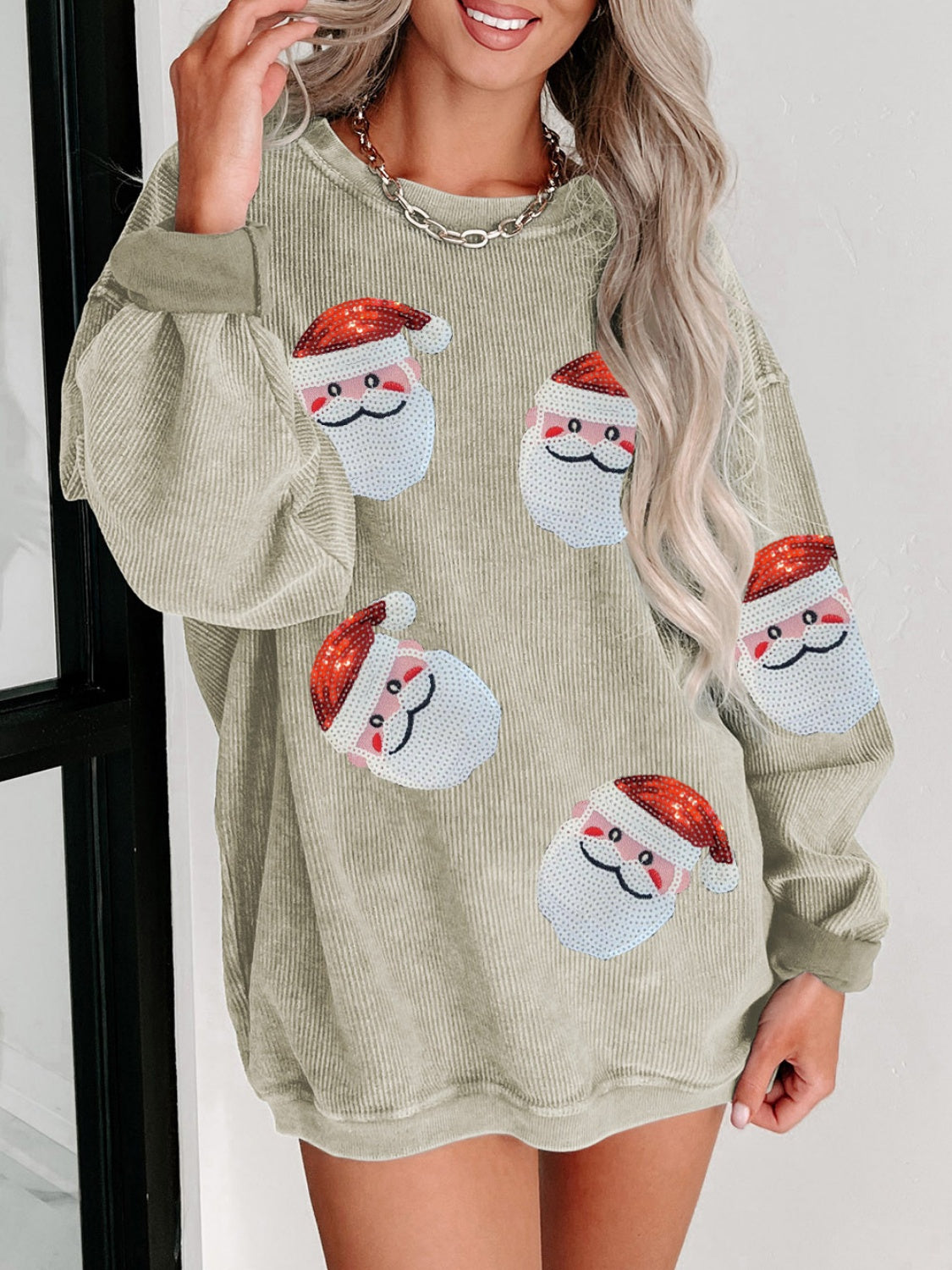 Sequin Santa Patch Ribbed Sweatshirt ships 2 weeks 3 colors