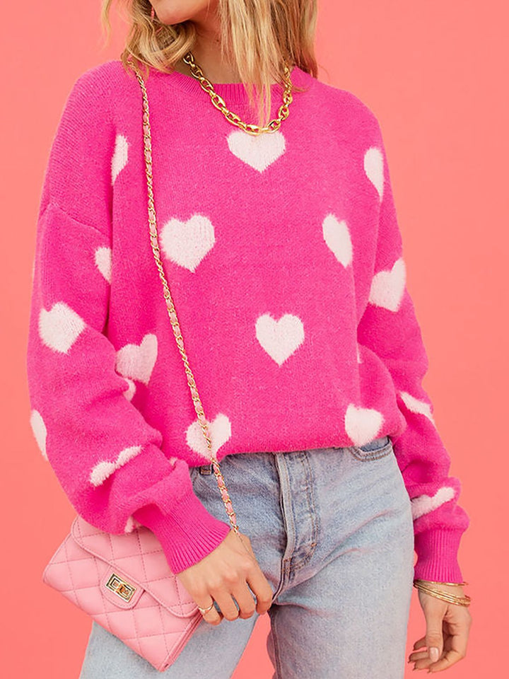 Heart Round Neck Dropped Shoulder Sweater (ships 1-2 weeks)