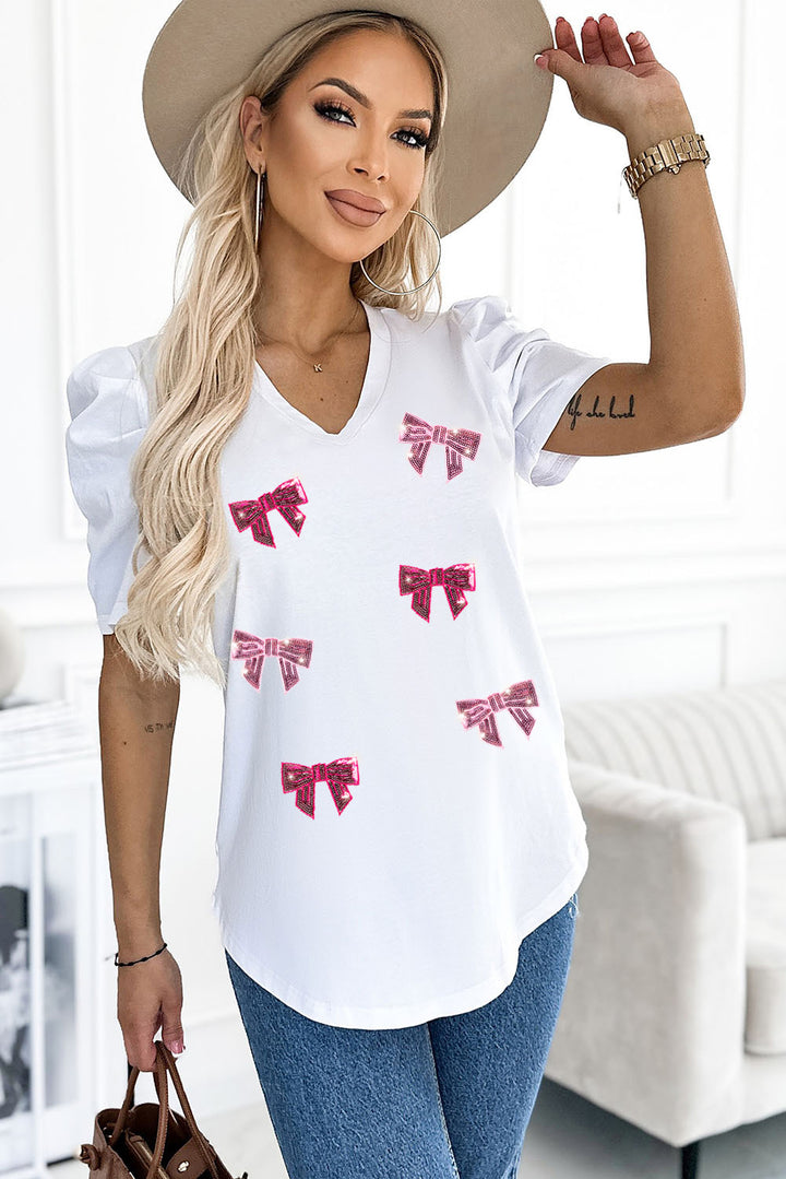 Sequin Bow Print V-Neck Puff Sleeve Blouse (ships 1-2 weeks)