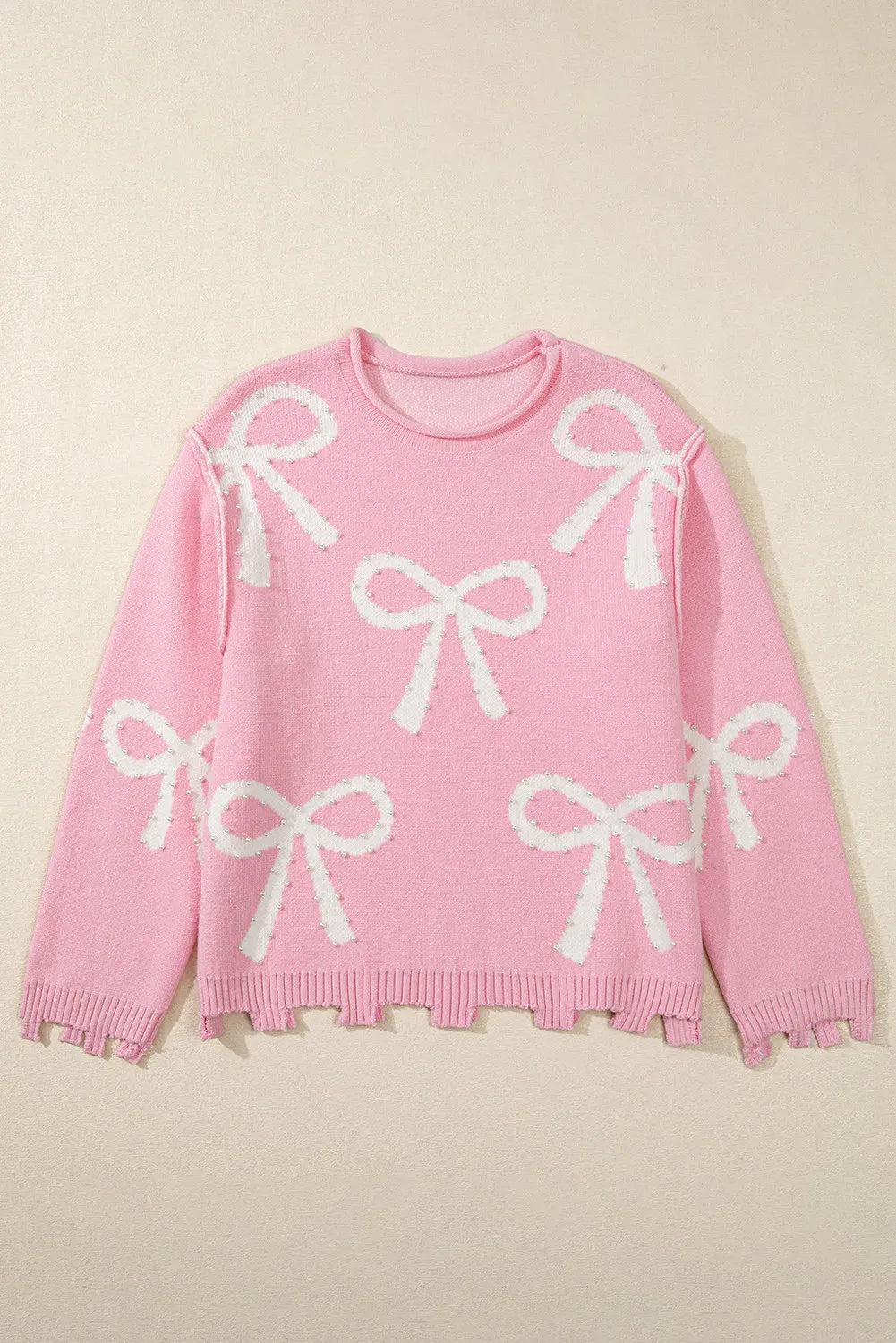 Pearl Detail Bow Round Neck Long Sleeve Sweater (ships 2-3 weeks)