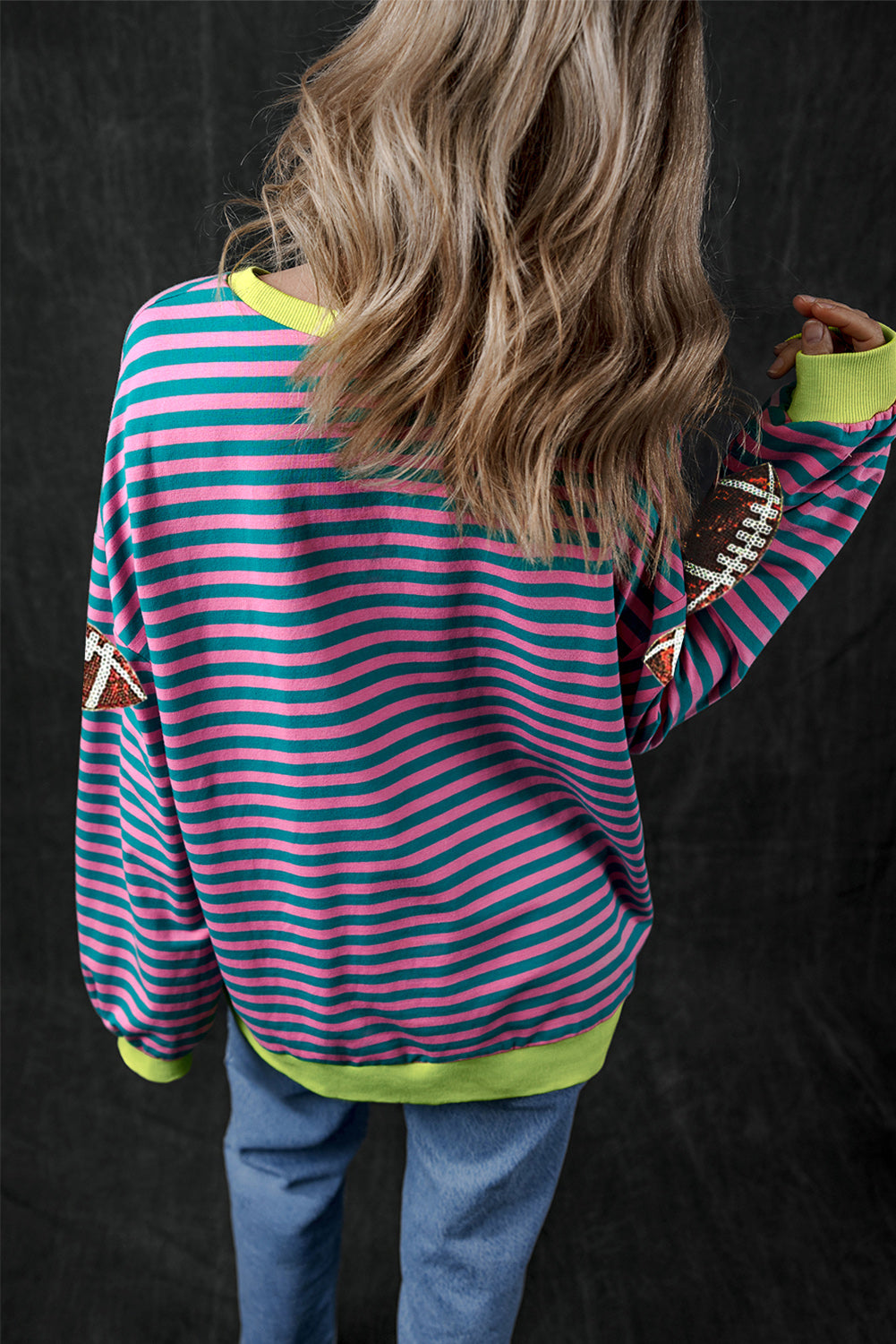 Green Stripe Game Day Sequin Rugby Graphic Colorblock Edge Sweatshirt(ships 2-3 weeks)