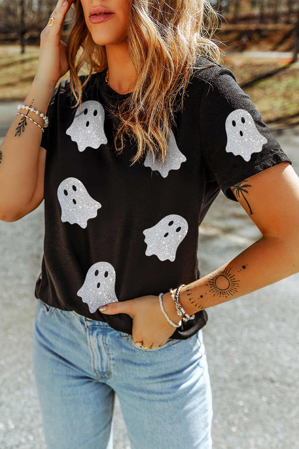 Black Glitter Ghost Pattern Crew Neck Halloween Graphic T Shirt PREORDER