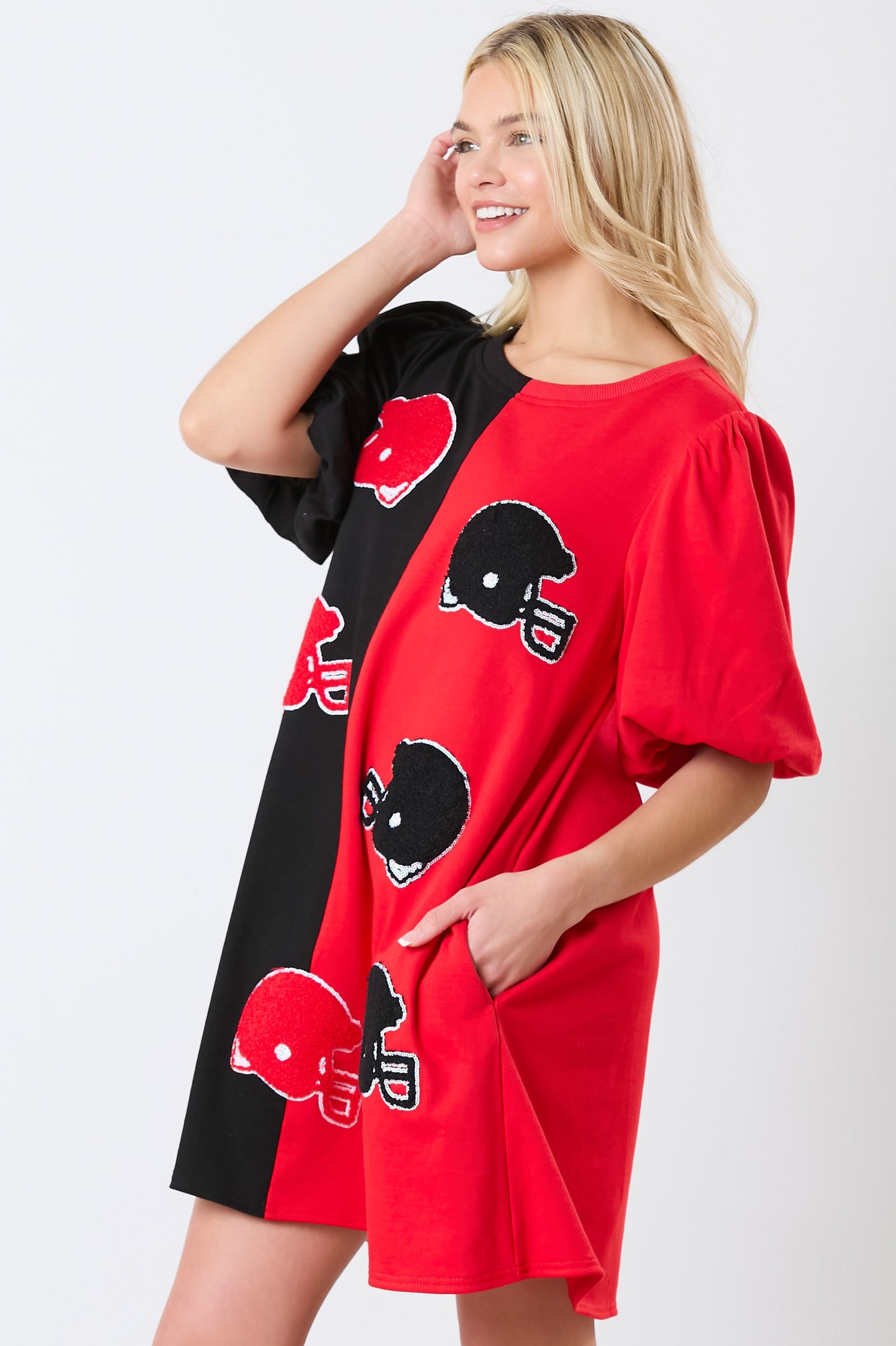 Colorblock football helmet dress (RED AND BLACK)