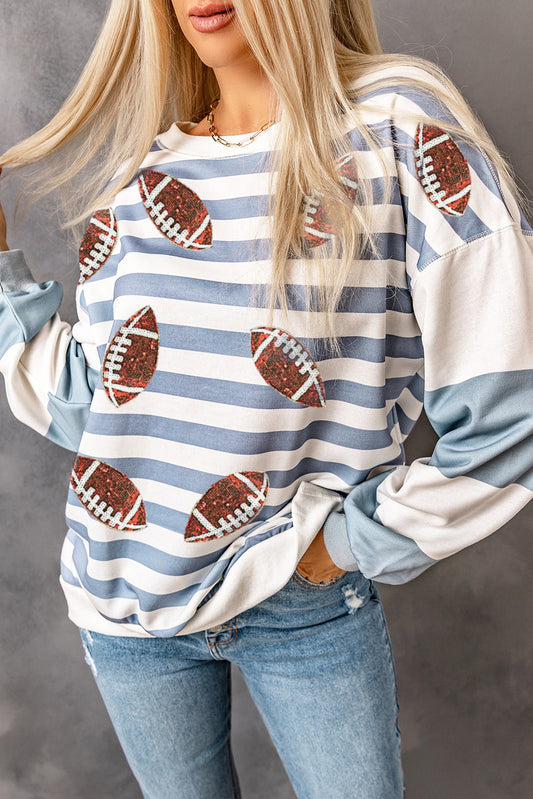 Stripe Sequined Rugby Graphic Round Neck Sweatshirt (ships 2 weeks)