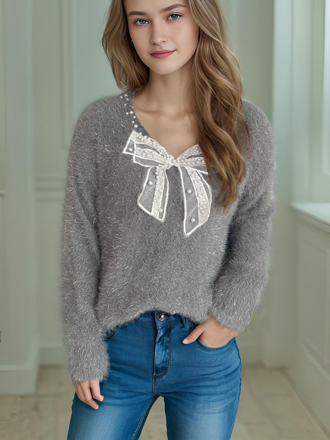 Bow Pearl Detail V-Neck Long Sleeve Sweater (ships 2-3 weeks) 2 colors