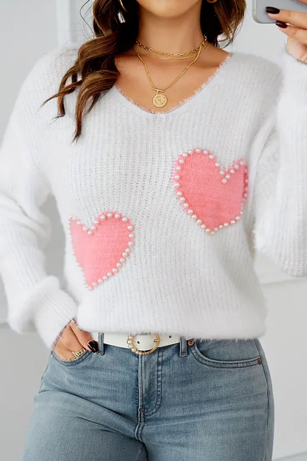 Pearl Heart V-Neck Long Sleeve Sweater (ships 1-2 weeks)