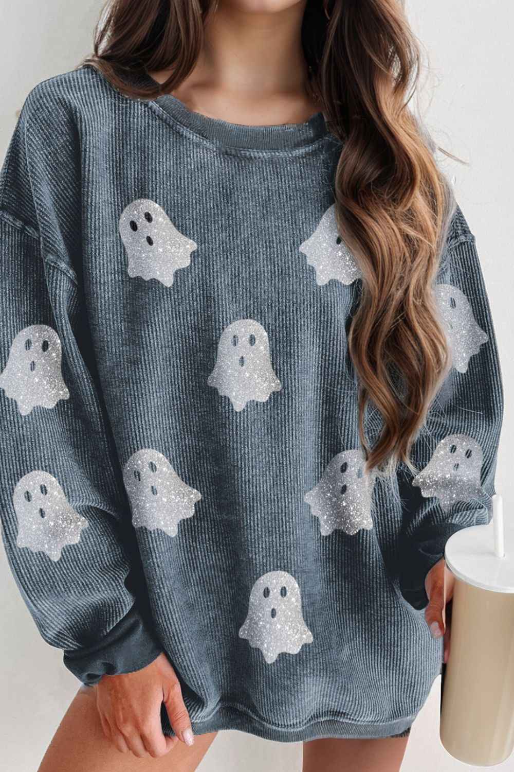 Glitter Ghost Round Neck Long Sleeve Sweatshirt ships 2-3 weeks