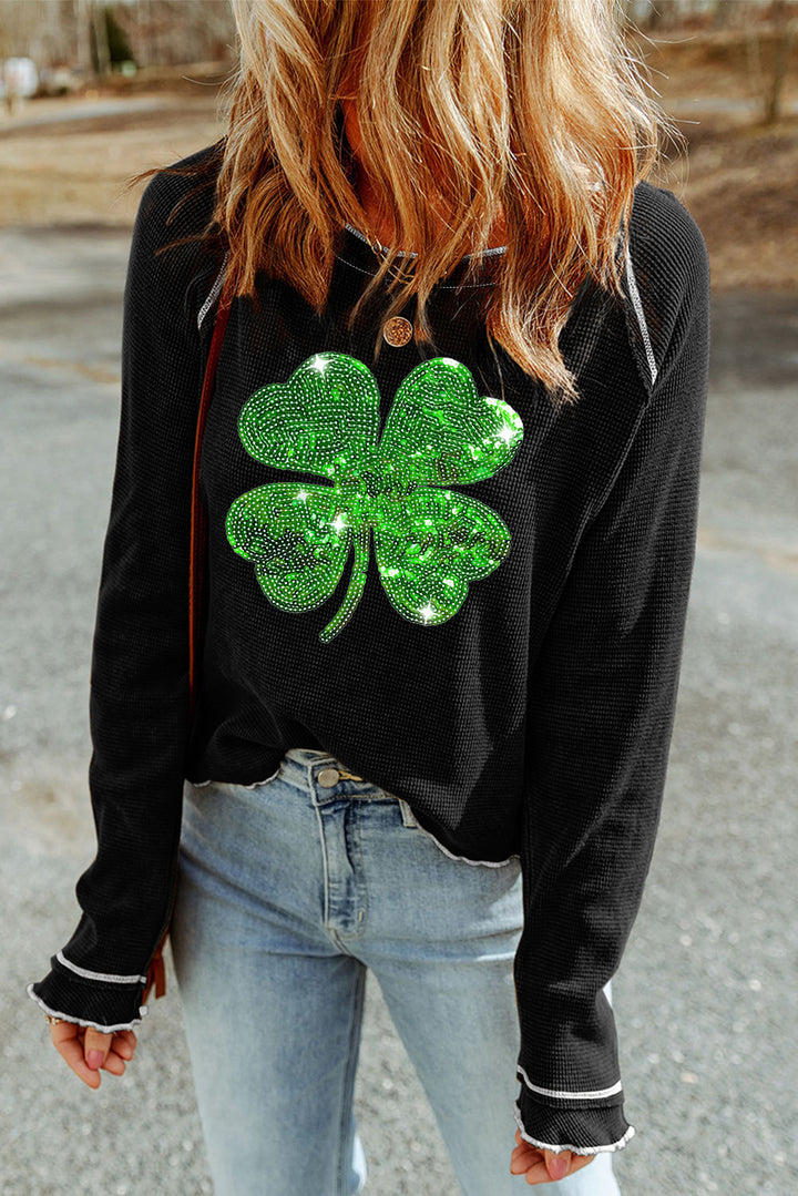 Sequin Lucky Clover Lettuce Trim Long Sleeve Top  (ships 2-3 weeks)