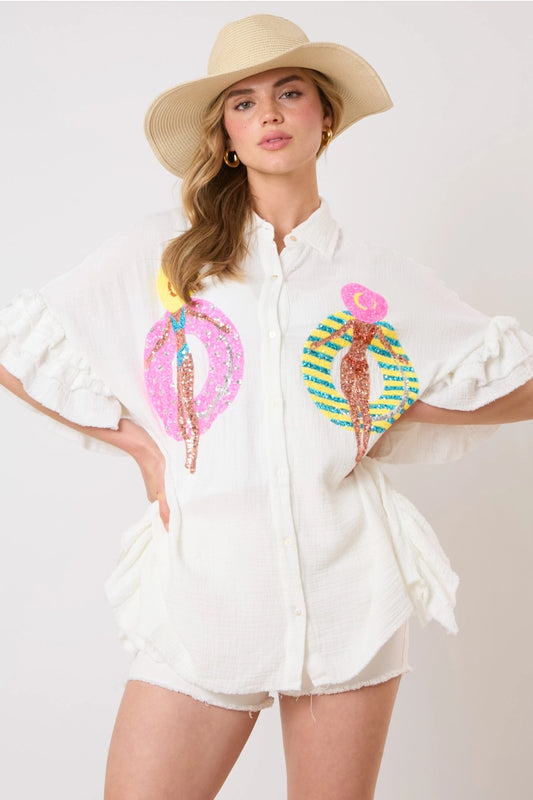 Sequin pool float WHITE gauze button down top/coverup