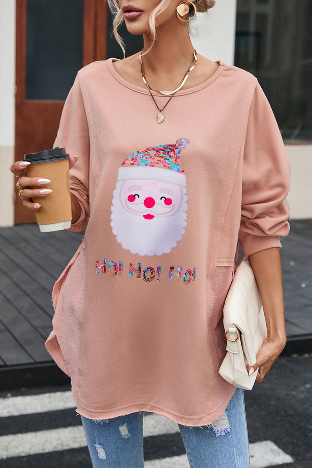 Blush Sequin Santa Round Neck Ships 2 weeks