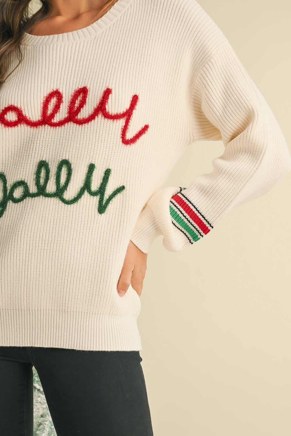 Ivory Tinsel Holly Jolly Graphic Round Neck Sweater (ships 2-3 weeks)