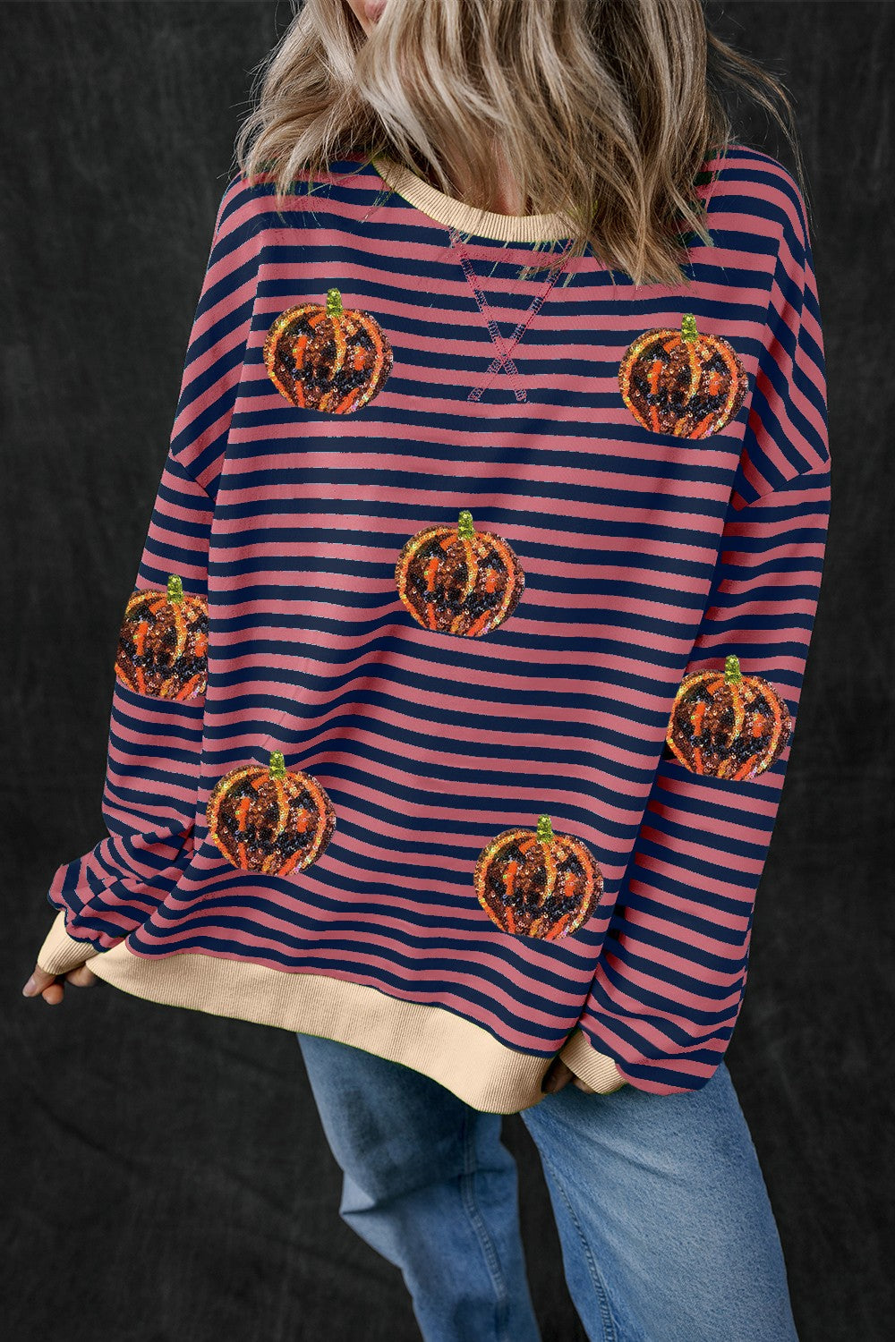 Pumpkin Striped Round Neck Long Sleeve Sweatshirt ships 2 weeks