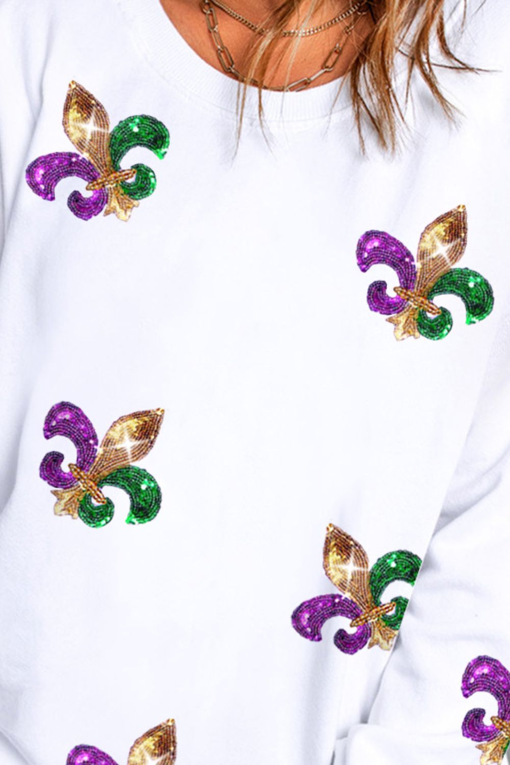 Sequin Mardi Gras Round Neck Dropped Shoulder Sweatshirt(ships 1-2 weeks)