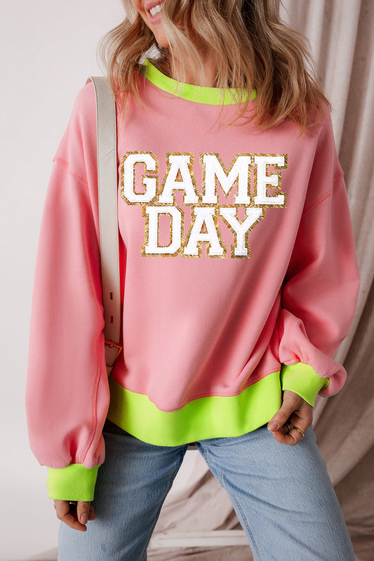 Pink GAME DAY Graphic Color Block Crew Neck Sweatshirt (ships 2-3 weeks)