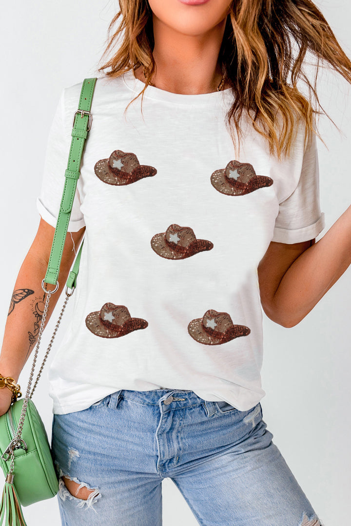 Sequin Cowboy Hat Round Neck Short Sleeve T-Shirt (ships 1-2 weeks)