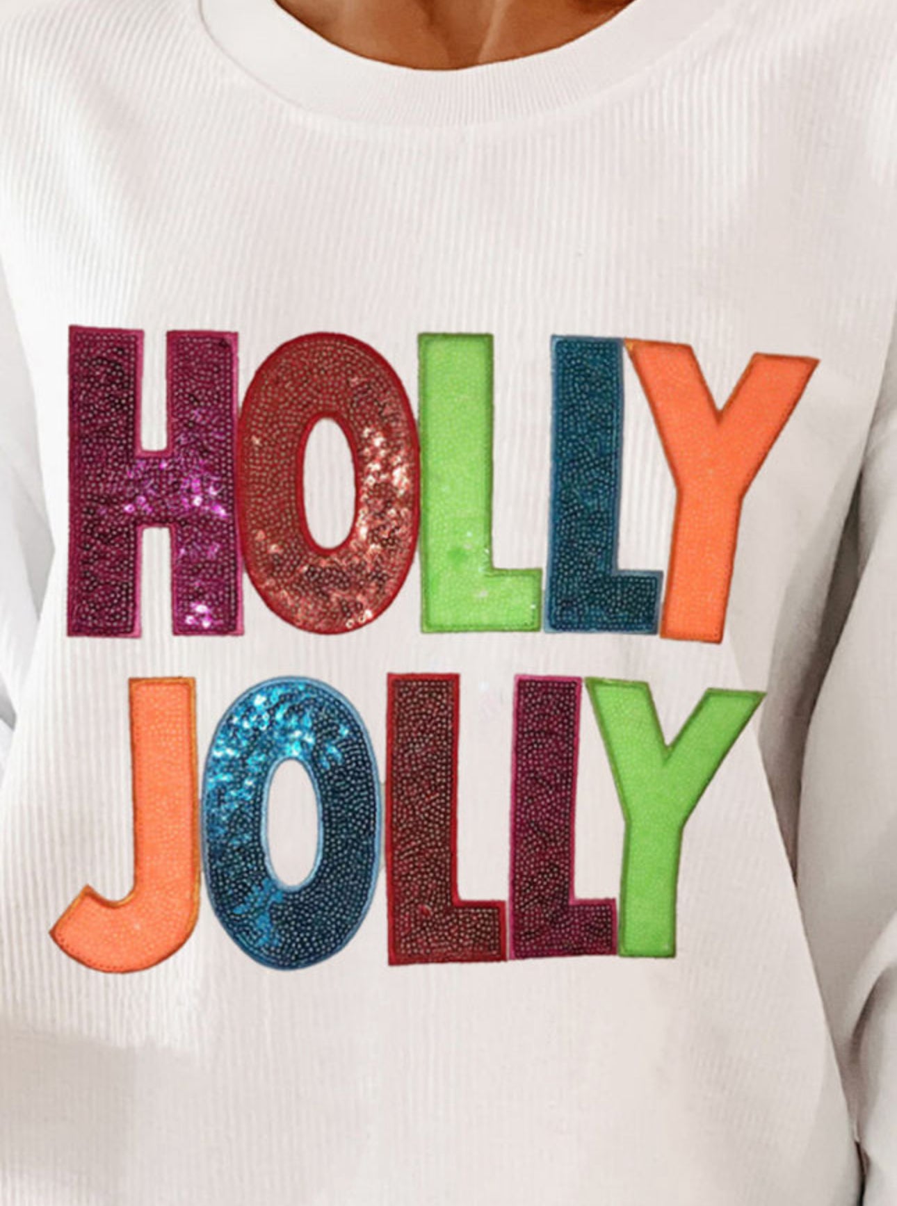 Sequin multicolor Holly Jolly on white  ( ships 2-3 weeks)