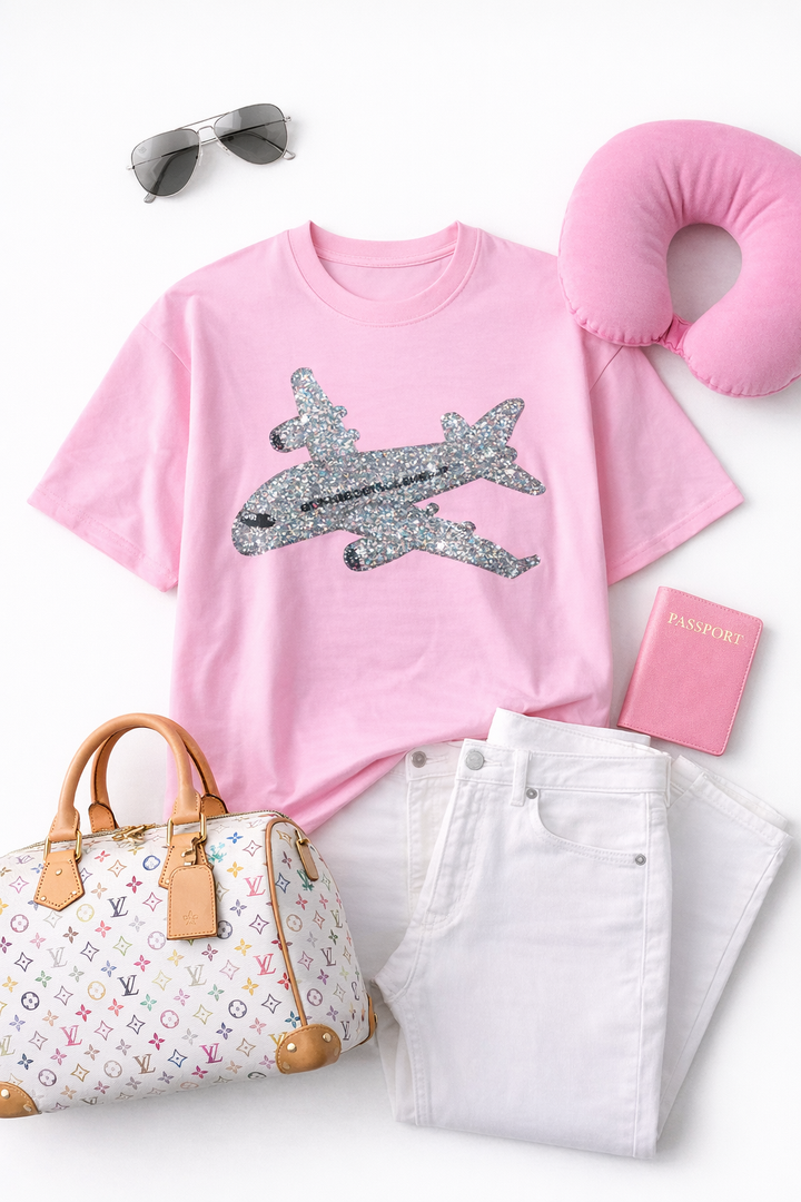 Airplane ✈️ Sequined Pink Tshirt PREORDER