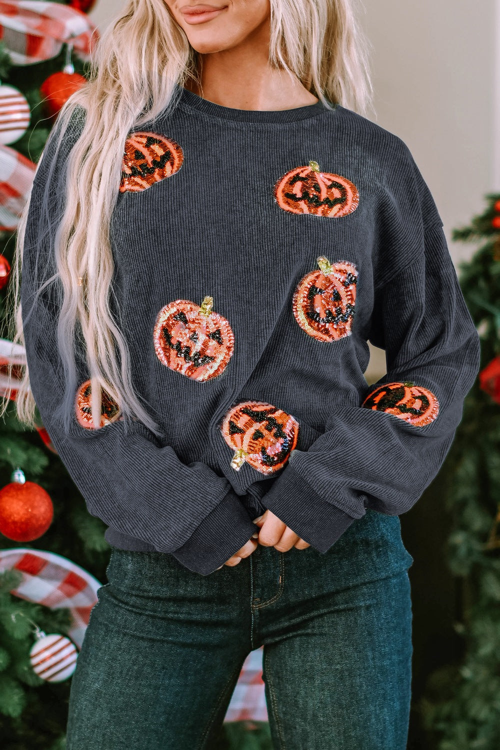 Sequin Patch Pumpkin Round Neck Sweatshirt (ships in 2 weeks)