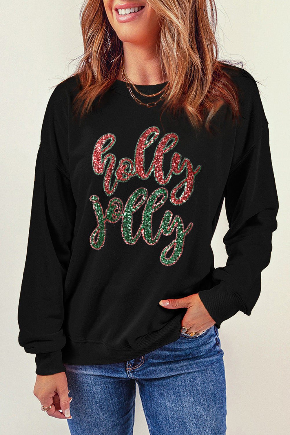 Black Christmas Sequined Holly Jolly Graphic Sweatshirt (ships 2-3weeks)