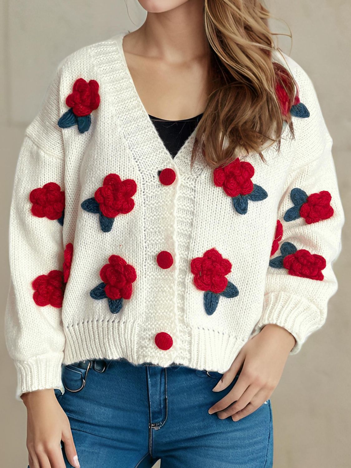 Flower Button Down V-Neck Long Sleeve Cardigan(ships 2-3 weeks)