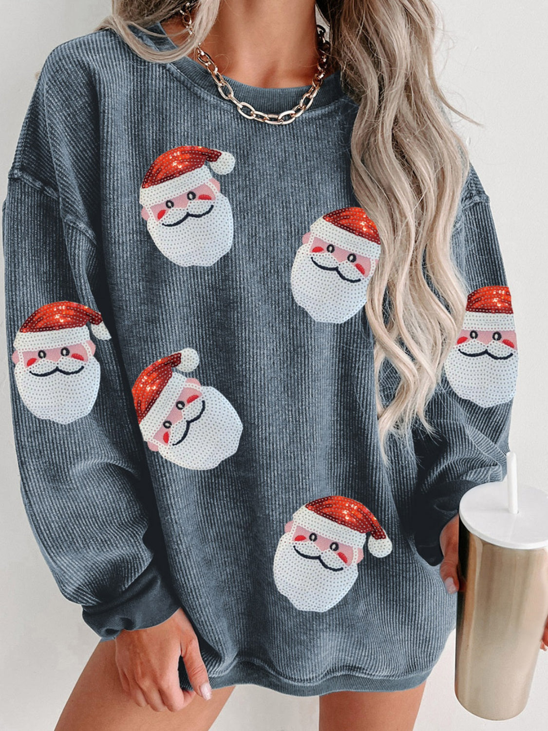 Sequin Santa Patch Ribbed Sweatshirt ships 2 weeks 3 colors