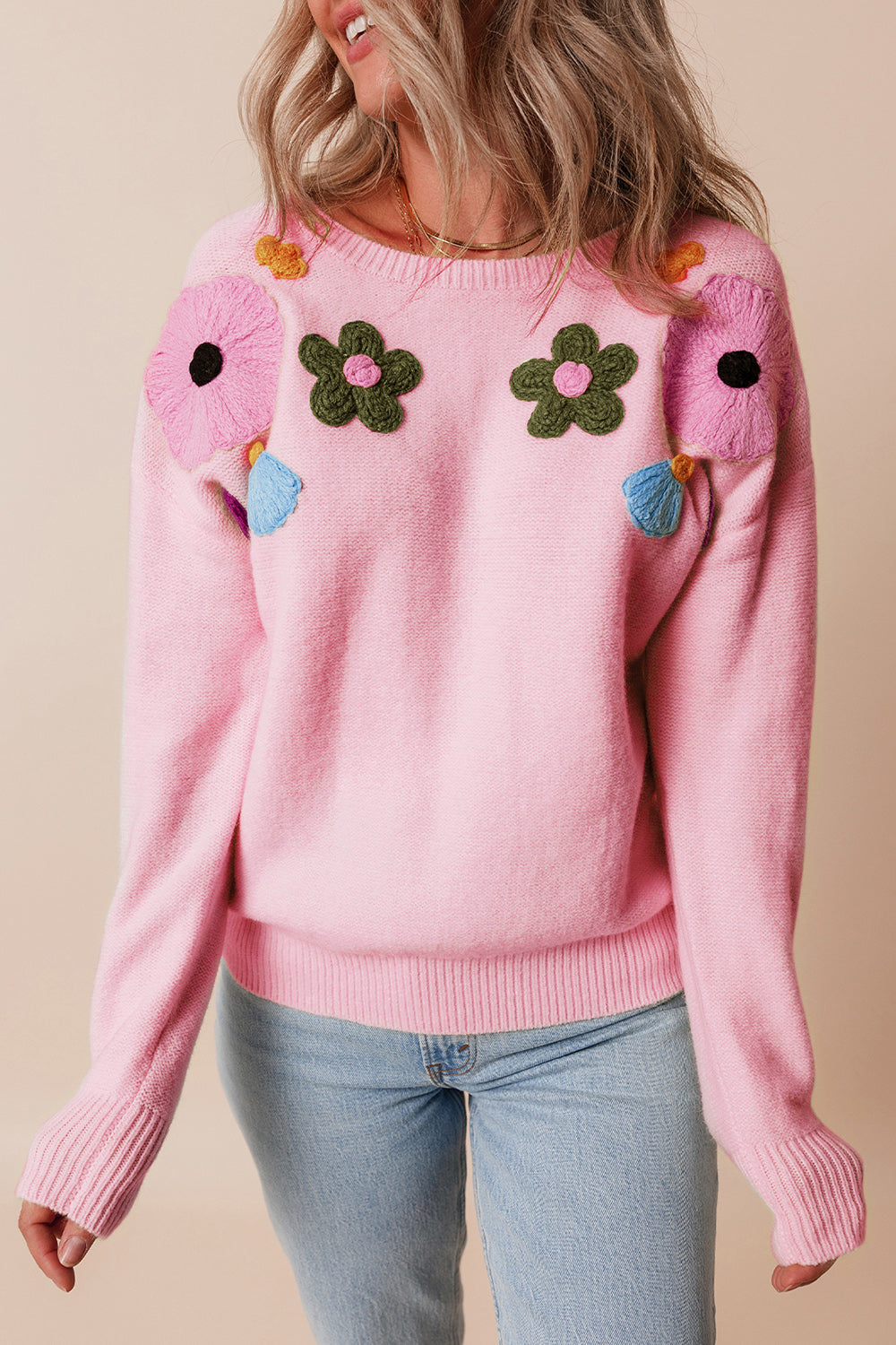 Crochet Flower Round Neck Dropped Shoulder Sweater (ships 1-2 weeks)