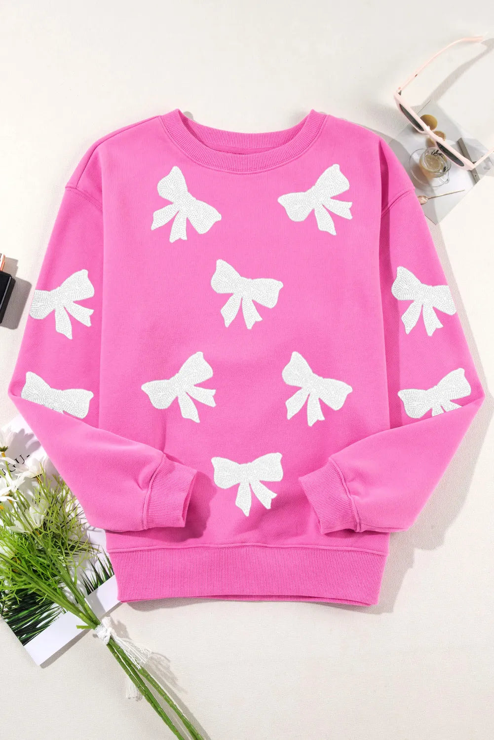 Pink Bow Dropped Shoulder Long Sleeve Sweatshirt (ships 2-3 weeks)