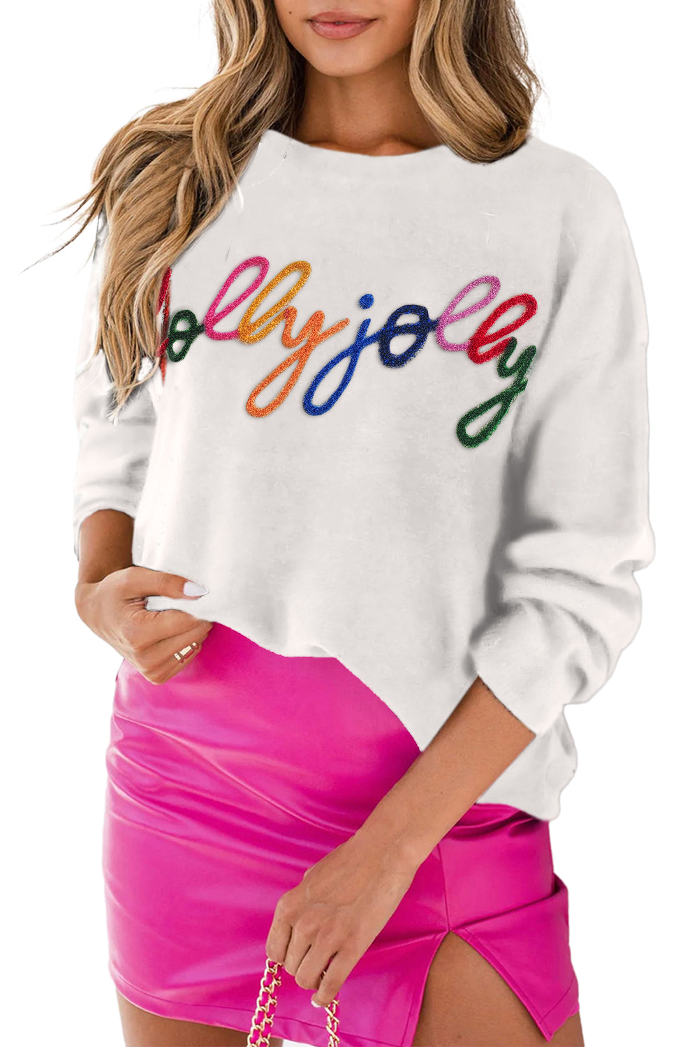 White Glitter Merry & Bright Round Neck Knit Sweater ships 2-3 weeks