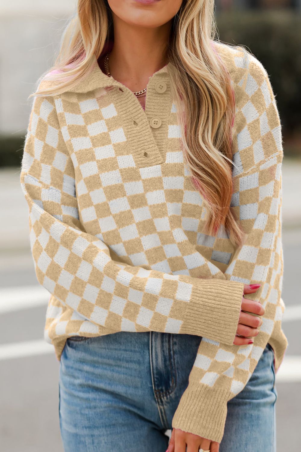 Pink Checkered Collared Neck Long Sleeve Sweater(ships 1-2 weeks)