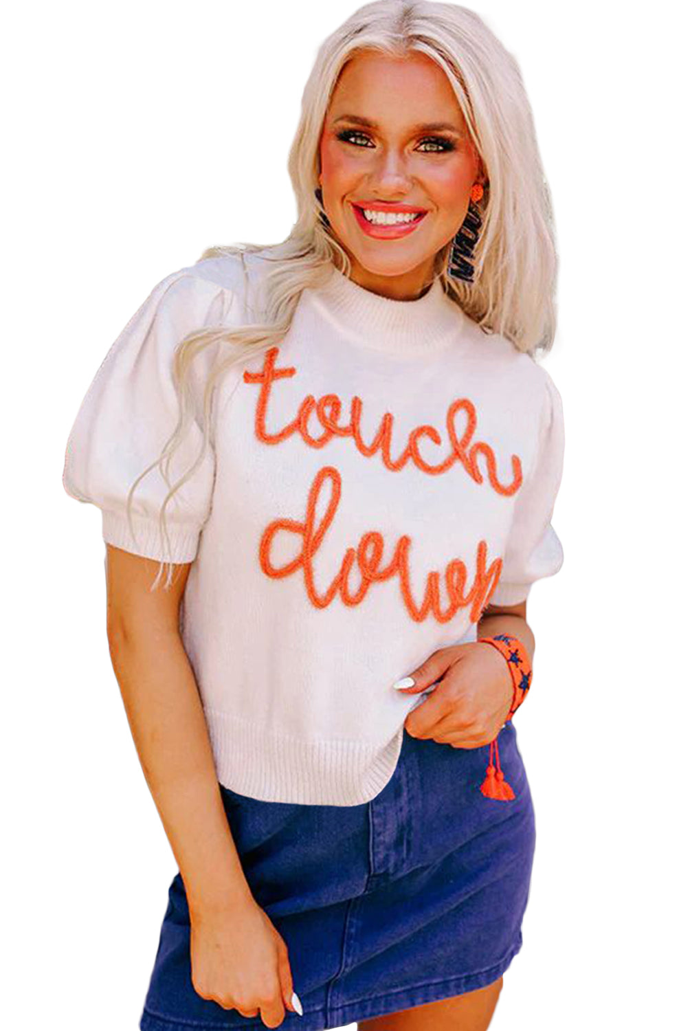 White Touchdown Tinsel Puff Short Sleeve Sweater (ships 1-2 weeks)