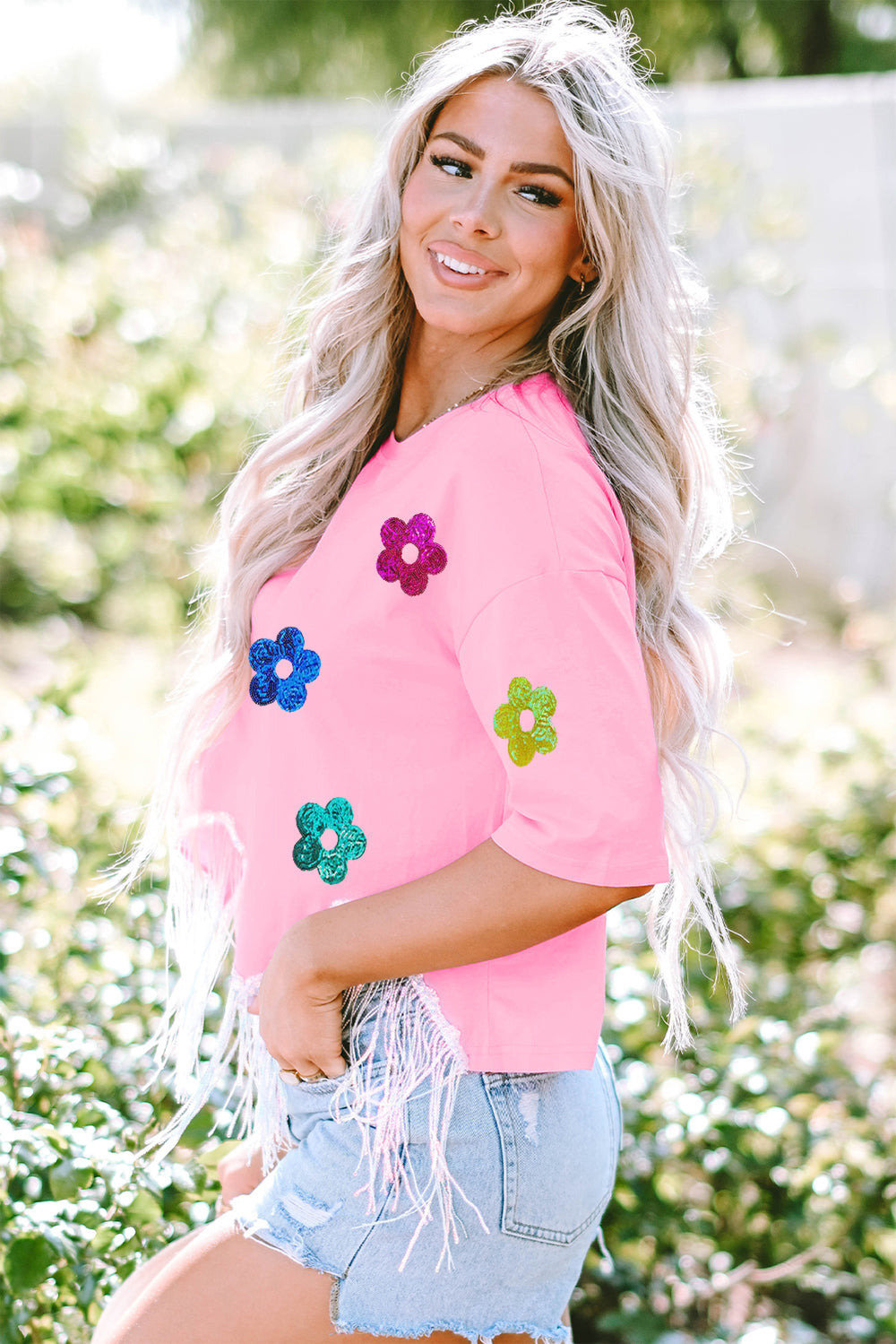 Sequin Flower Round Neck Half Sleeve T-Shirt ships 1-2 weeks