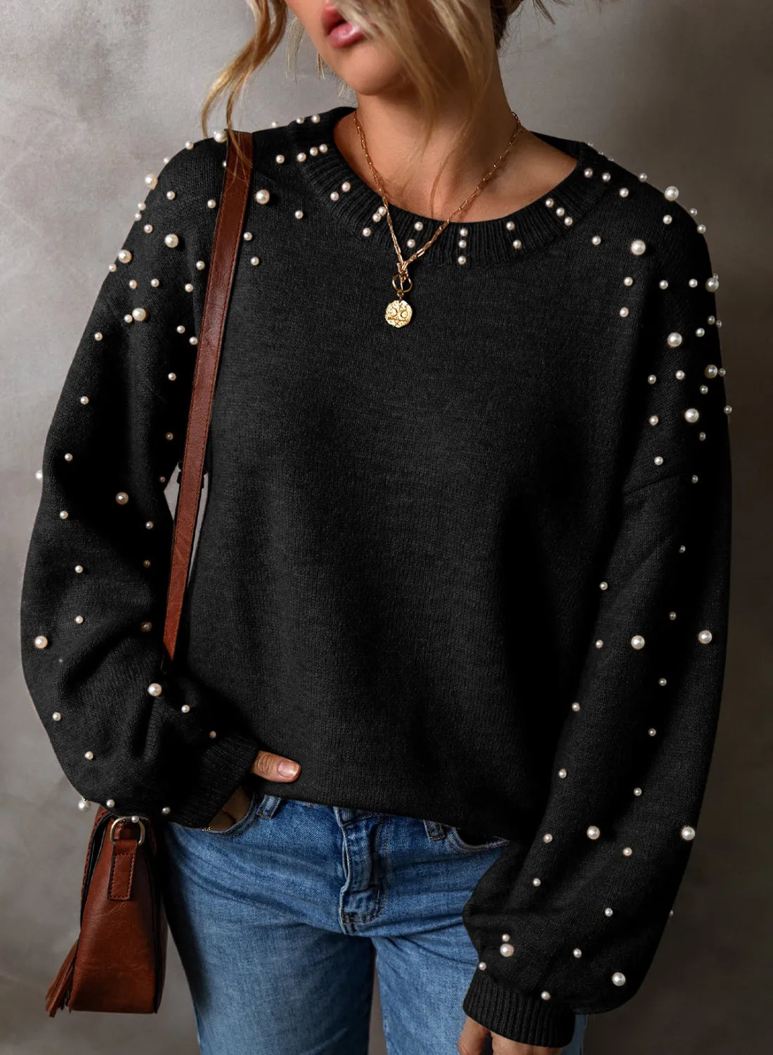 Pearl Detail Round Neck Long Sleeve Sweater (ships in 2 weeks)