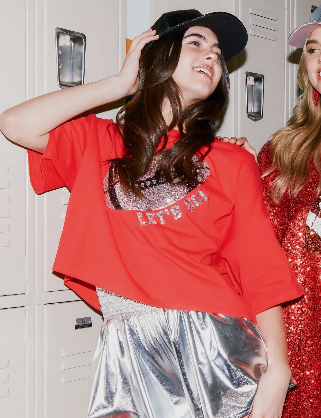 LETS GO football sequin red top